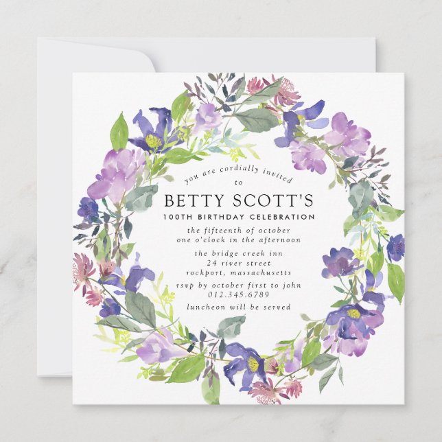 Rustic Purple and Blue Floral 100th Birthday Party Invitation (Front)
