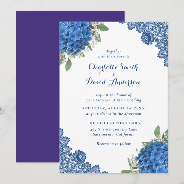 Rustic Purple and Blue Floral Wedding Invitation (Front/Back)