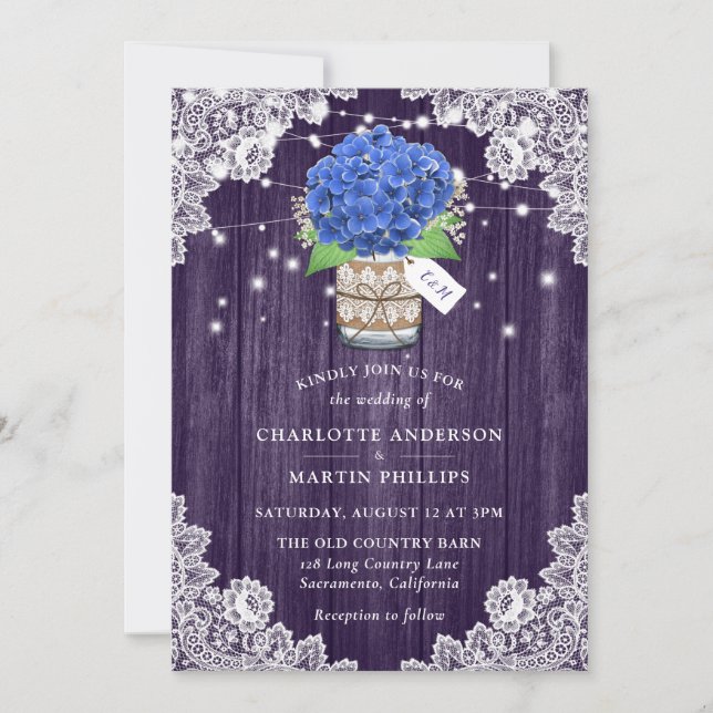 Rustic Purple and Blue Hydrangea Wedding Invitation (Front)