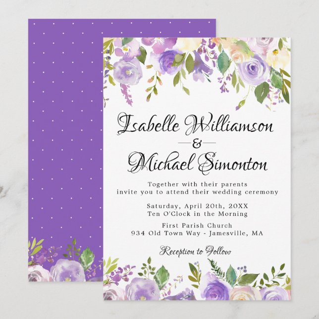Rustic Purple and Cream Floral Wedding Invitation (Front/Back)
