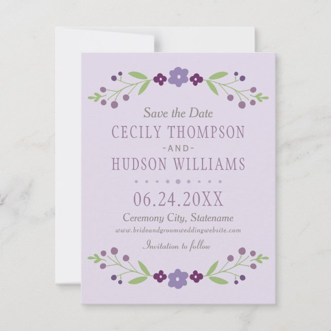 Rustic Purple and Green Floral Wedding Save The Date (Front)