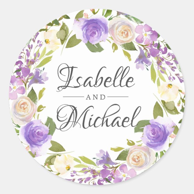 Rustic Purple and Ivory White Rose Floral Wedding Classic Round Sticker (Front)