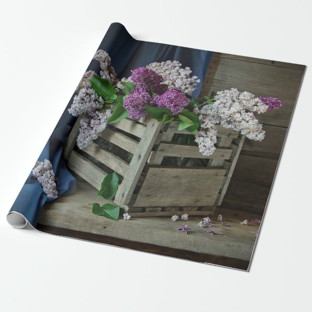 Rustic Purple and White Lilacs Floral Photo Wrapping Paper (Unrolled)