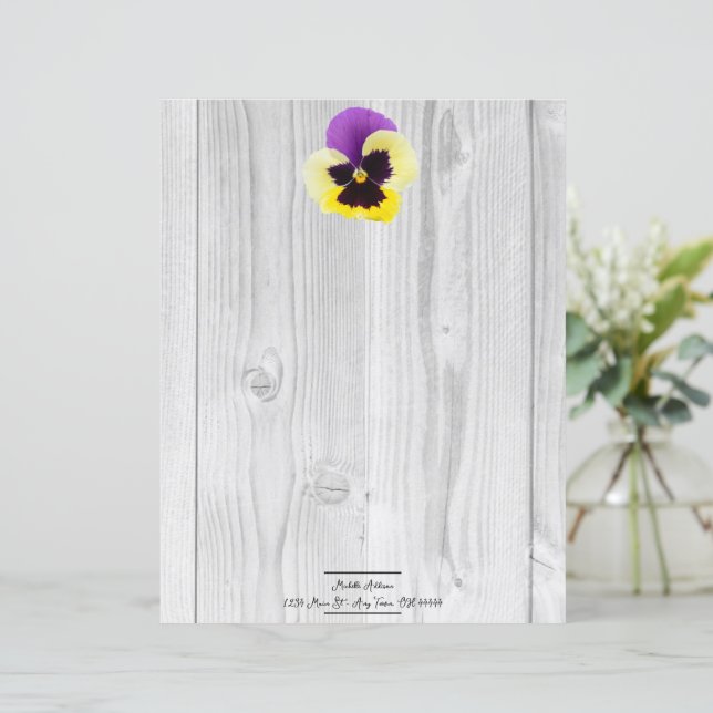 Rustic Purple and Yellow Pansy Paper Sheet (Standing Front)