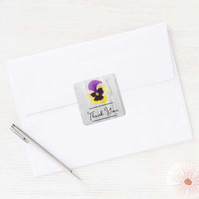 Rustic Purple and Yellow Pansy Thank You Sticker (Envelope)