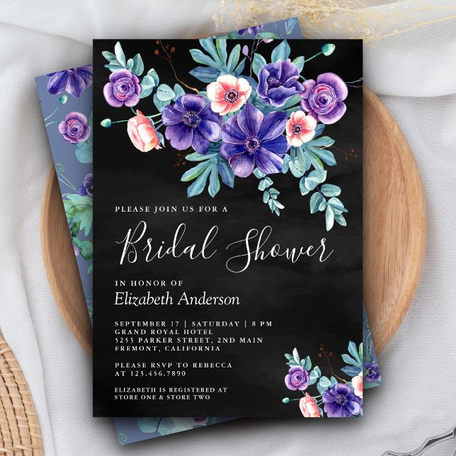 Rustic Purple Anemones Bouquet Black Bridal Shower Invitation (Creator Uploaded)
