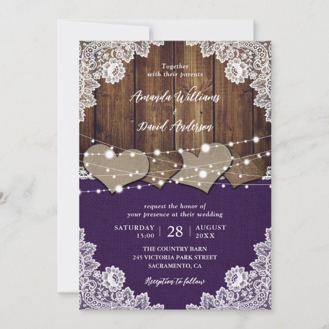 Rustic Purple Barn Wood Burlap Lace Wedding Invitation (Front)