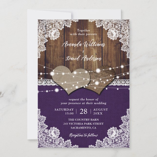 Rustic Purple Barn Wood Burlap Lace Wedding Invitation (Front)