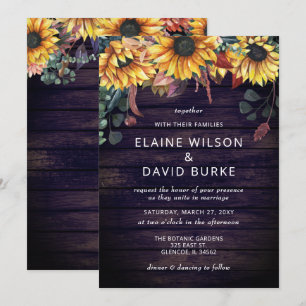 Rustic Purple Barn Wood Country Sunflowers Wedding Invitation