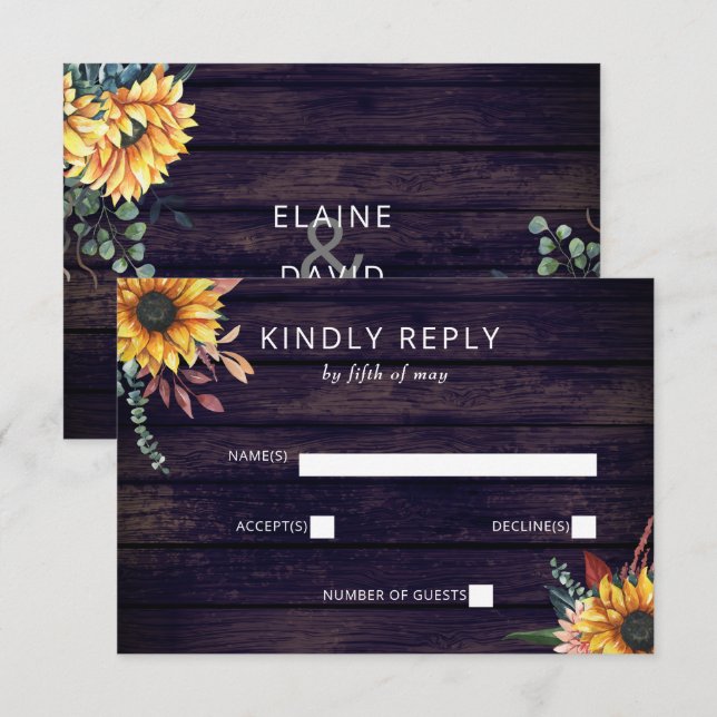 Rustic Purple Barn Wood Country Sunflowers Wedding RSVP Card (Front/Back)