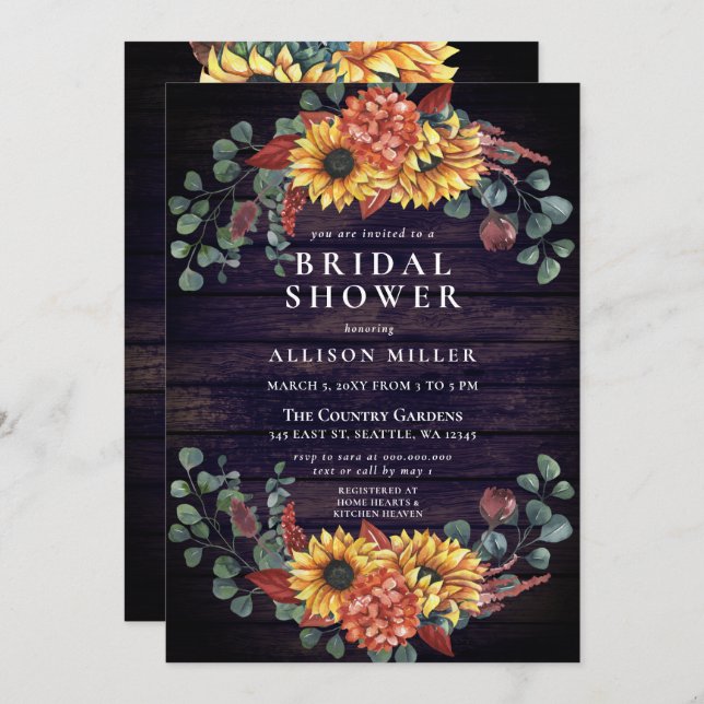 Rustic Purple Barn Wood Sunflowers Bridal Shower Invitation (Front/Back)