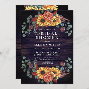 Rustic Purple Barn Wood Sunflowers Bridal Shower Invitation