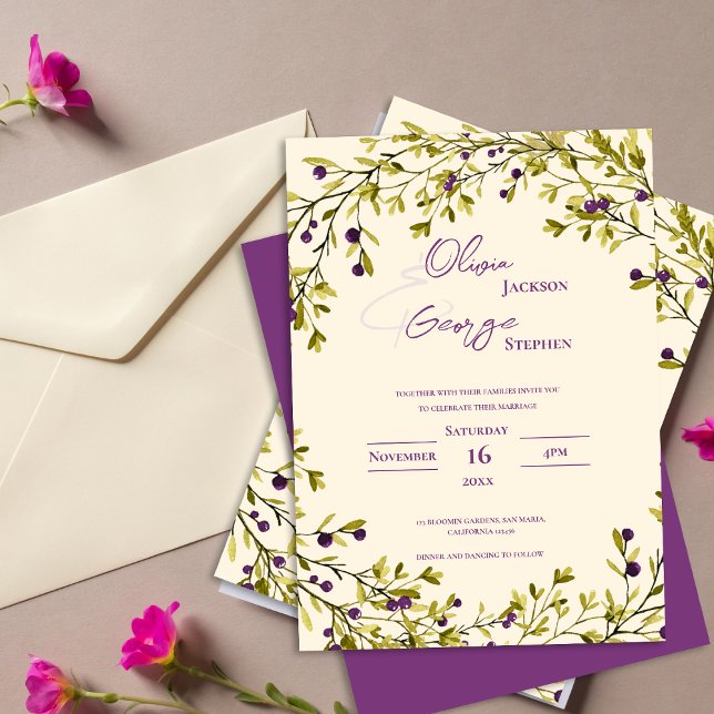 Rustic Purple Berry Leaves Romantic Wedding Invitation (Rustic Purple Berry Leaves Romantic Wedding Invitation
)