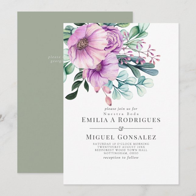 Rustic Purple Bloom Nuestra Boda Spanish Wedding Invitation (Front/Back)