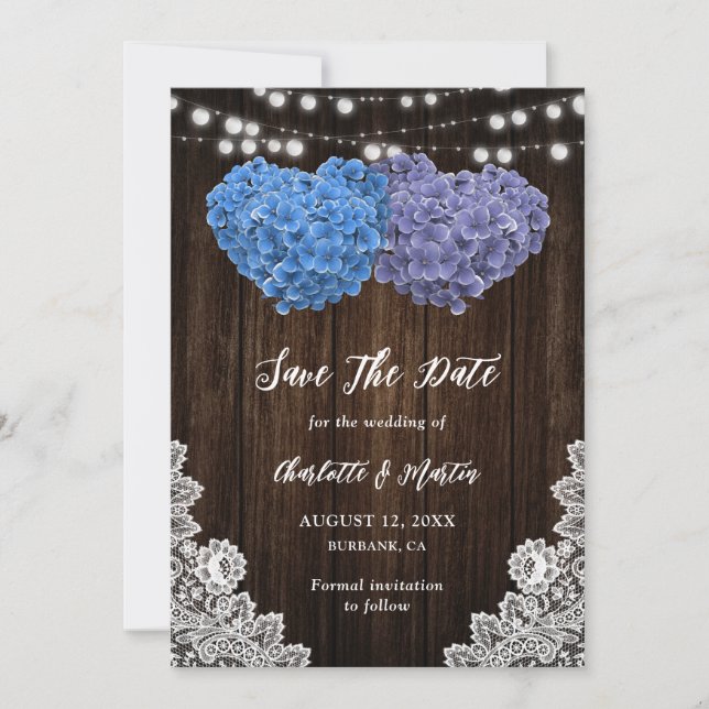Rustic Purple Blue Floral Hearts Lace Wood Wedding Save The Date (Front)
