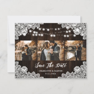 Rustic Purple Blue Floral Lace 3 Photo Wedding Save The Date