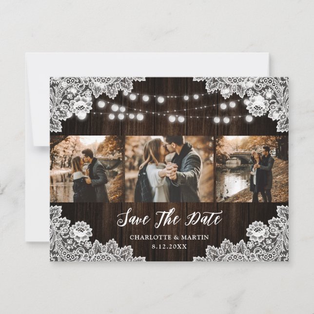 Rustic Purple Blue Floral Lace 3 Photo Wedding Save The Date (Front)