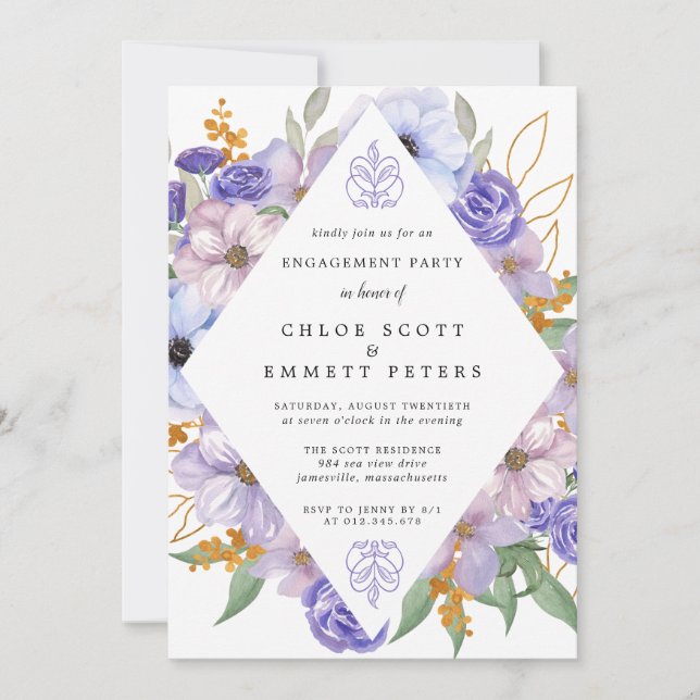 Rustic Purple Blue Gold Floral Engagement Party Invitation (Front)