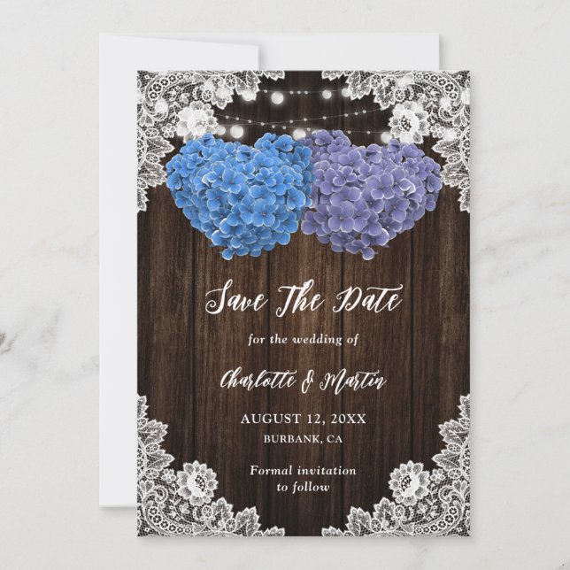 Rustic Purple Blue Hydrangea Rustic Wood Wedding Save The Date (Front)