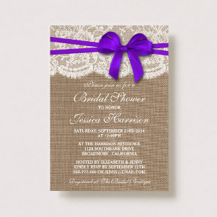 Rustic Purple Bow, Burlap & Lace Bridal Shower Invitation