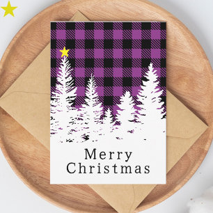 Rustic Purple Buffalo Plaid Forest Merry Christmas Card