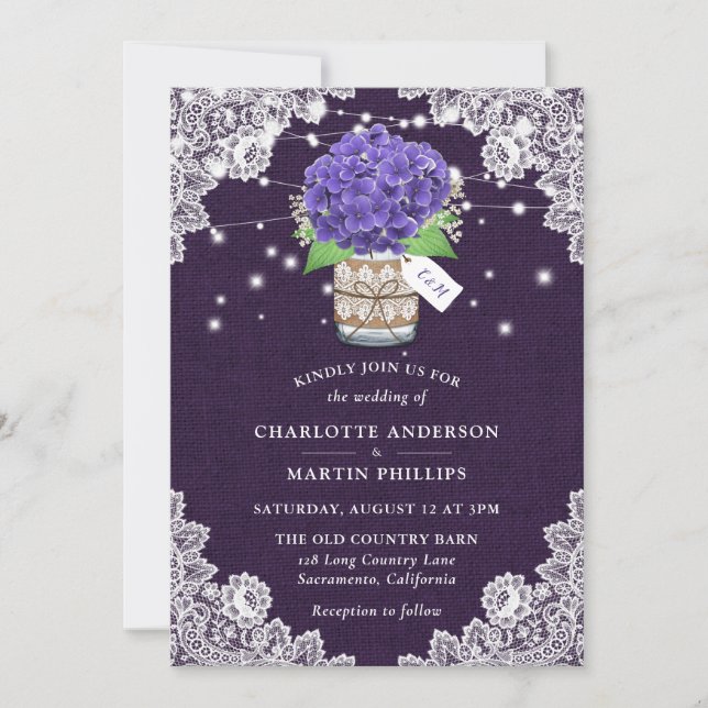 Rustic Purple Burlap Lace Hydrangea Wedding Invitation (Front)