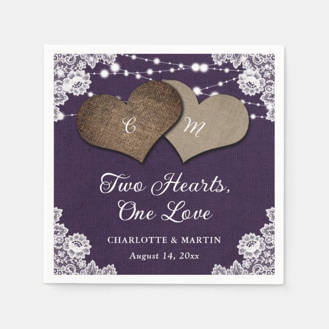 Rustic Purple Burlap Lace String Lights Wedding Napkin (Front)