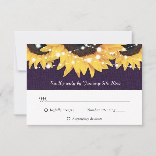 Rustic Purple Burlap Lace Sunflower RSVP Card (Front)