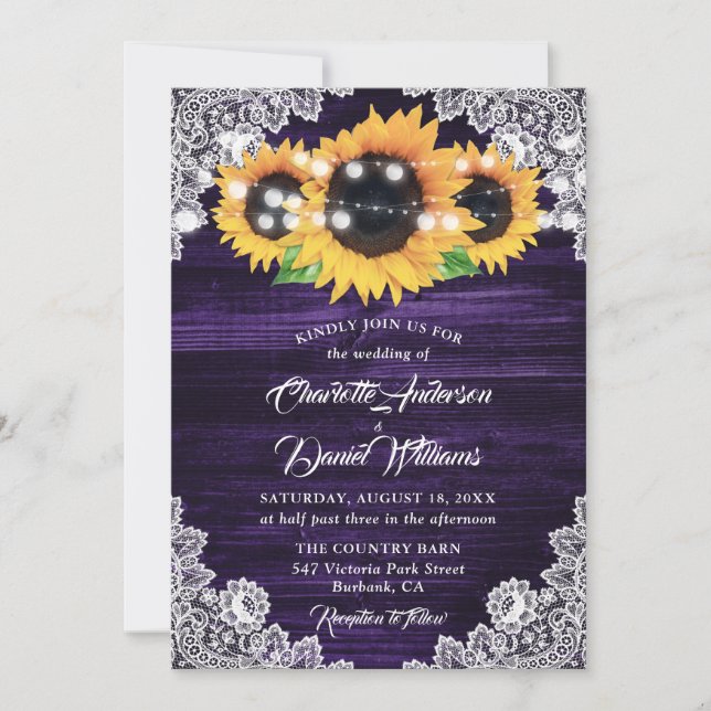 Rustic Purple Burlap Lace Sunflower Wedding Invitation (Front)