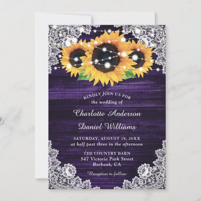 Rustic Purple Burlap Lace Sunflower Wedding Invitation (Front)