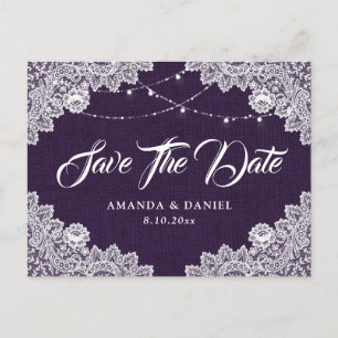 Rustic Purple Burlap Lace Wedding Save The Date Announcement Postcard