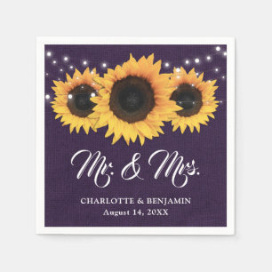 Rustic Purple Burlap Sunflower Wedding Napkin