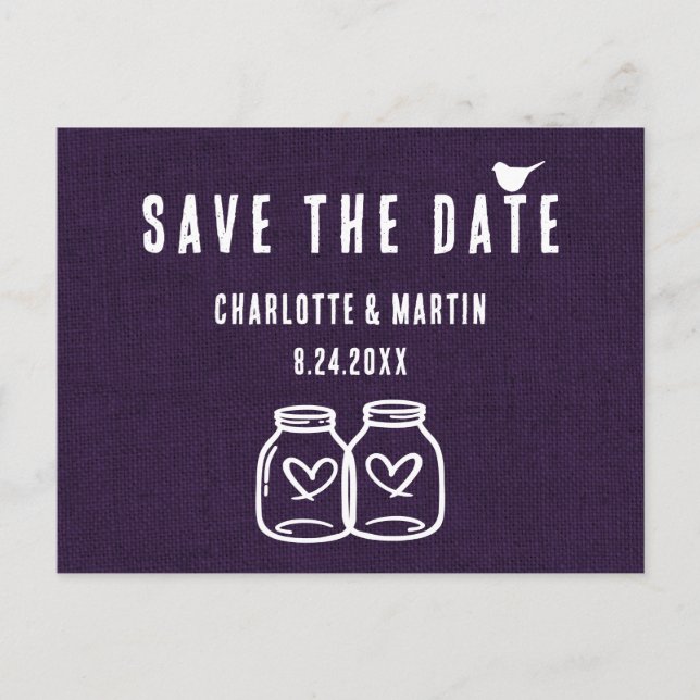 Rustic Purple Burlap Wedding Save The Date Announcement Postcard (Front)