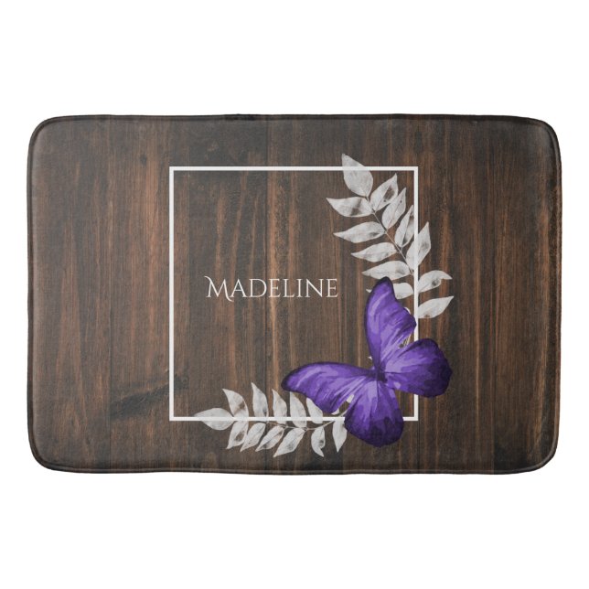 Rustic Purple Butterfly Personalised Bath Mat (Front)
