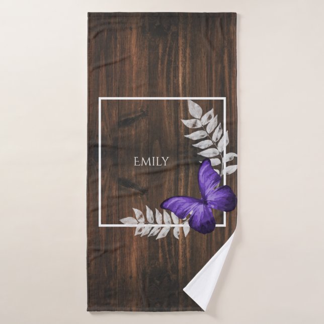 Rustic Purple Butterfly Personalised Bath Towel Set (Bath Towel)