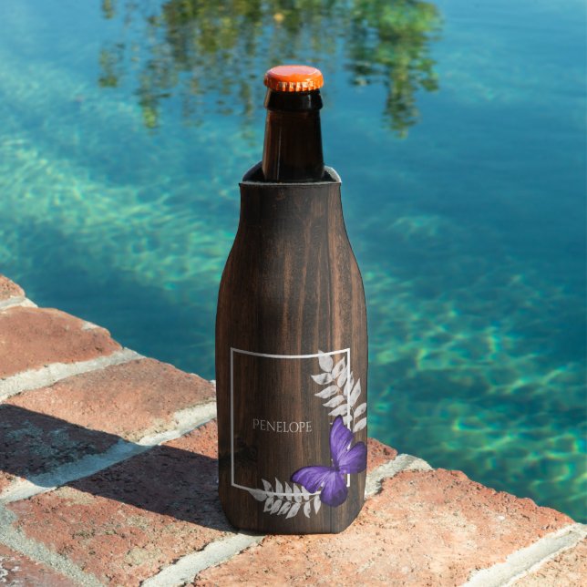 Rustic Purple Butterfly Personalised Bottle Cooler (In Situ Pool)