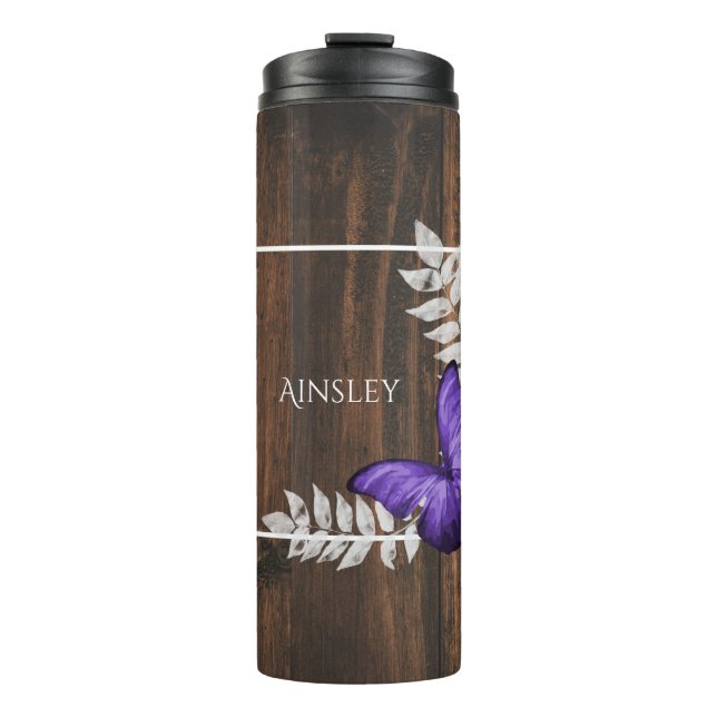 Rustic Purple Butterfly Personalized Thermal Tumbler (Front)