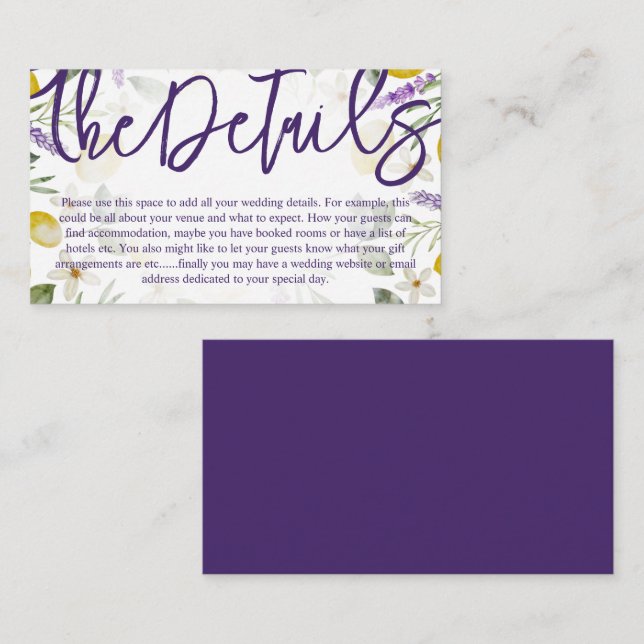 Rustic Purple Calligraphy Script Wedding Details Enclosure Card (Front/Back)