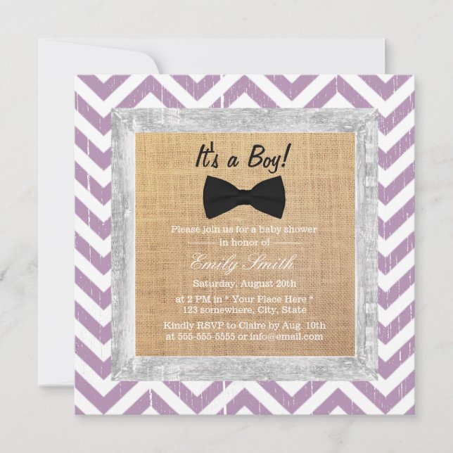 Rustic Purple Chevron Bow Tie Boy Baby Shower Invitation (Front)