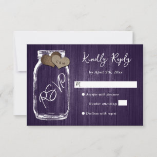 Rustic Purple Country Wood Heart Mason Jar Wedding RSVP Card