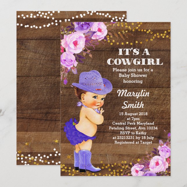 Rustic Purple Cowgirl Baby Shower Lilac Invitation (Front/Back)