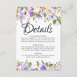 Rustic Purple Cream Floral Wedding Details Card