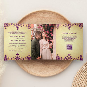 Rustic Purple Damask Ethnic QR Code Indian Wedding Tri-Fold Invitation