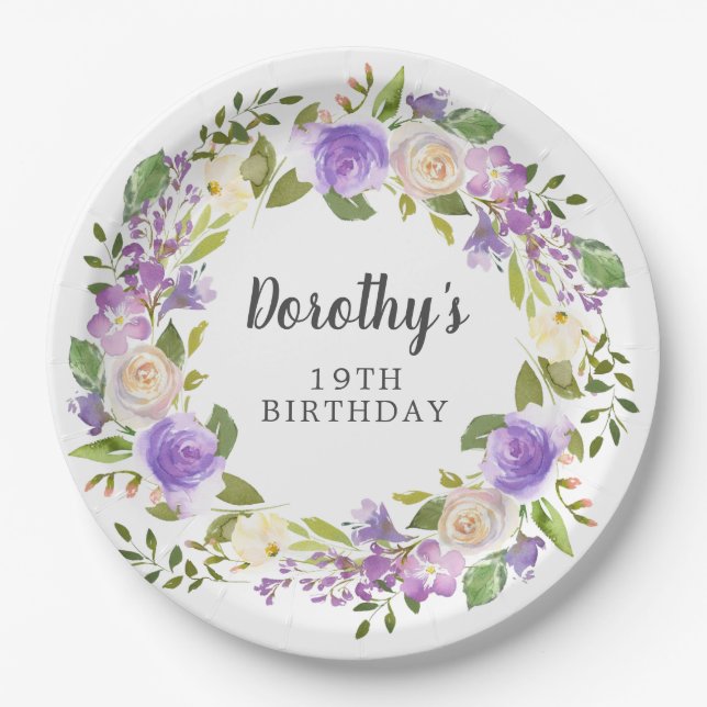 Rustic Purple Floral 19th Birthday Paper Plate (Front)