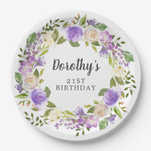 Rustic Purple Floral 21st Birthday Paper Plate