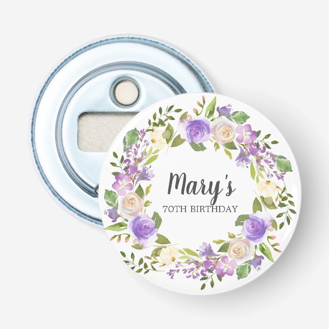 Rustic Purple Floral 70th Birthday Favour Bottle Opener (Front)