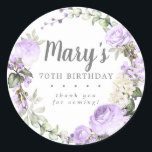 Rustic Purple Floral 70th Birthday Thank You Classic Round Sticker<br><div class="desc">Soft purple roses and bright purple buds create a beautifully rustic floral wreath. White hydrangeas at to the floral bloom. The birthday woman's name is written in a large script font. 70th Birthday and the thank you sentiment follow. This birthday sticker is part of the 70th Birthday Violette collection. It...</div>