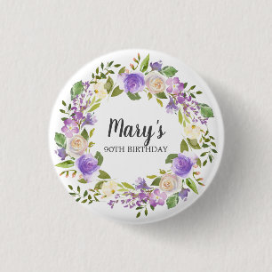 Rustic Purple Floral 90th Birthday 3 Cm Round Badge