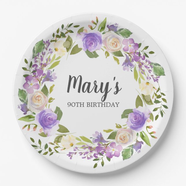 Rustic Purple Floral 90th Birthday Paper Plate (Front)