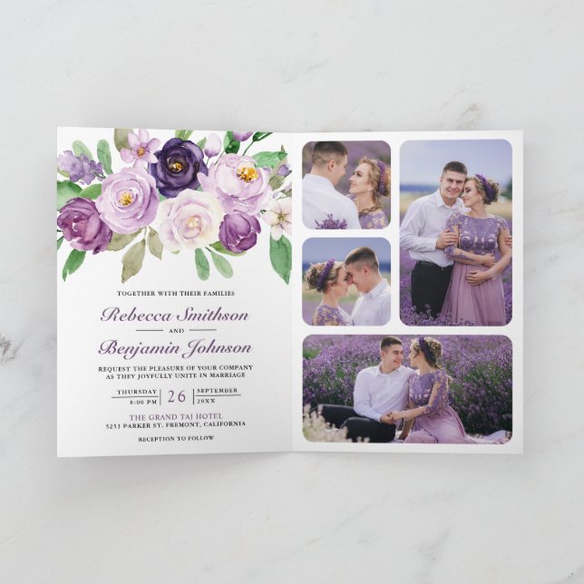 Rustic Purple Floral All in One QR Code Wedding Invitation (Inside)
